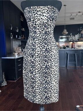 Strapless Leopard Print Sheath Dress - Black & Cream